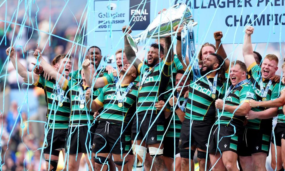 <span>Northampton celebrate after holding off 14-man Bath to win their first Premiership title since 2014.</span><span>Photograph: Mike Egerton/PA</span>