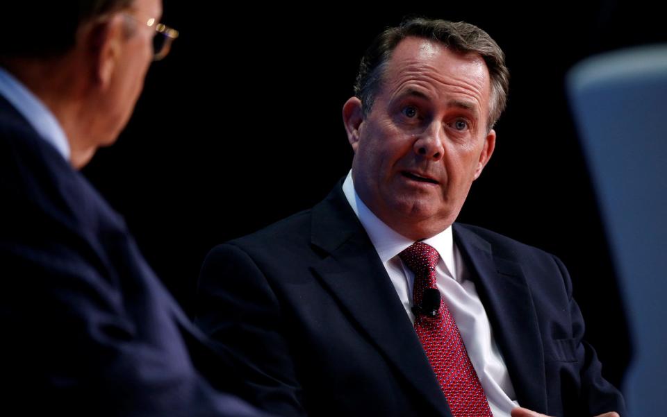 Liam Fox speaks at a conference in Washington where he and Wilbur Ross discussed plans to set up a trade deal between the UK and US - Credit: Reuters