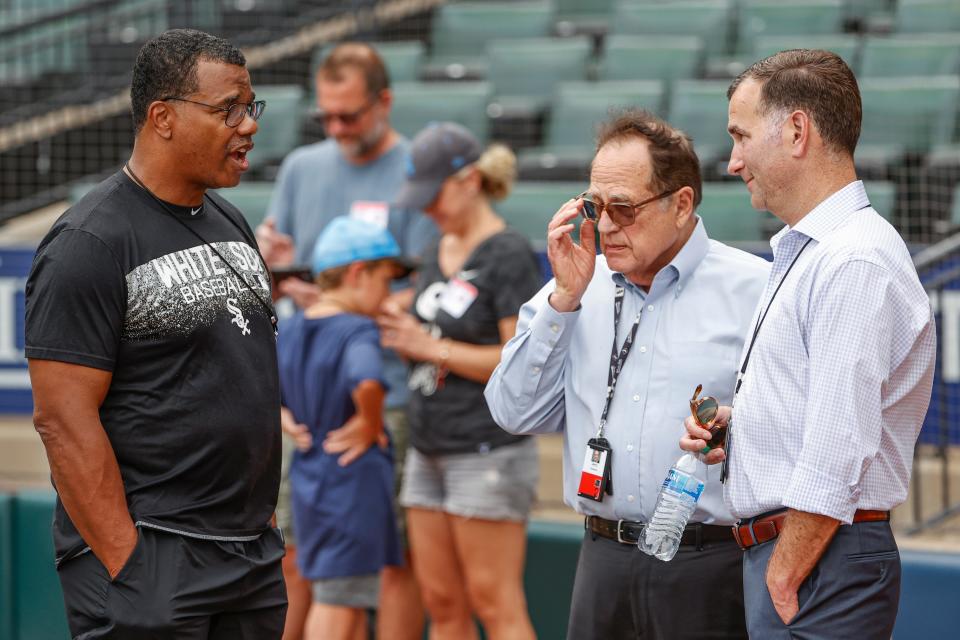 Chicago White Sox executive vice president Ken Williams (left) and general manager Rick Hahn (right) were fired on Tuesday, owner Jerry Reinsdorf (middle) announced in a statement.