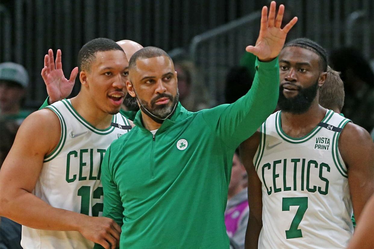 BOSTON, MA - March 23: Grant Williams #12 of the Boston Celtics talks with head coach Ime Udoka after beating the Utah Jazz 125-97 at the TD Garden on March 23, 2022 in Boston, Massachusetts. (Photo by Matt Stone/MediaNews Group/Boston Herald via Getty Images)