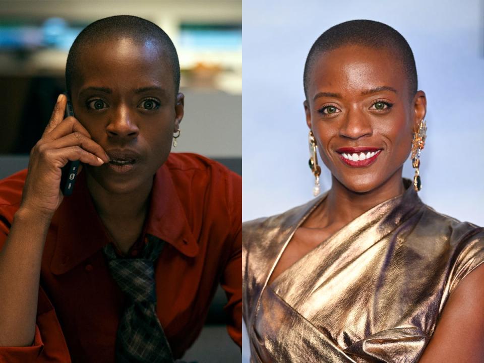 A side-by-side image of T'Nia Miller as Victorine on "The Fall of the House of Usher," and in 2022.