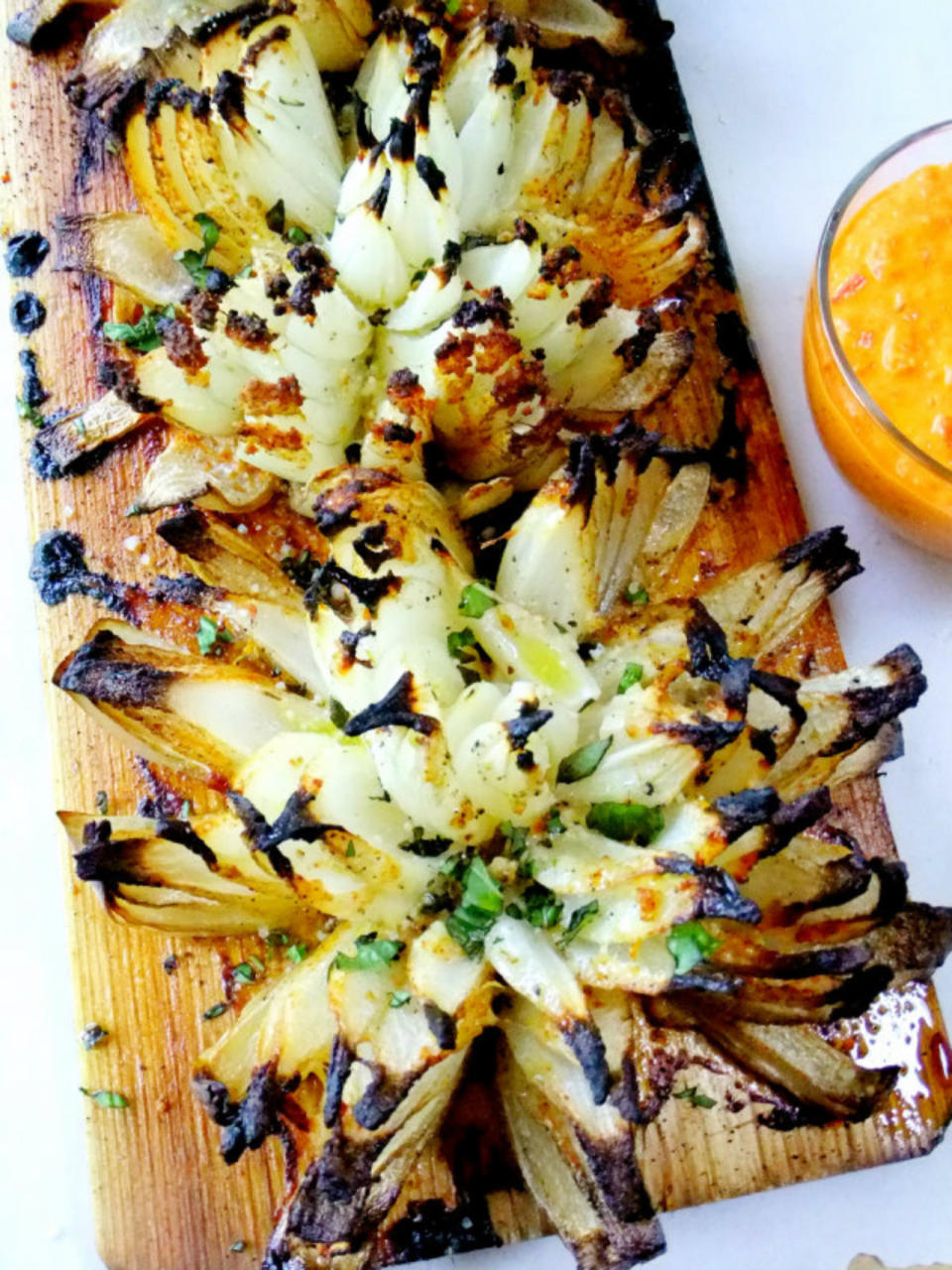 Blossom Onions Grilled and Planked with Red Pepper Aioli