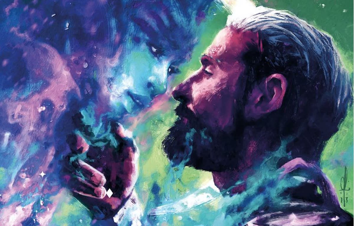  Illustration of a bearded man nose-to-nose with a blue-skinned alien woman. 