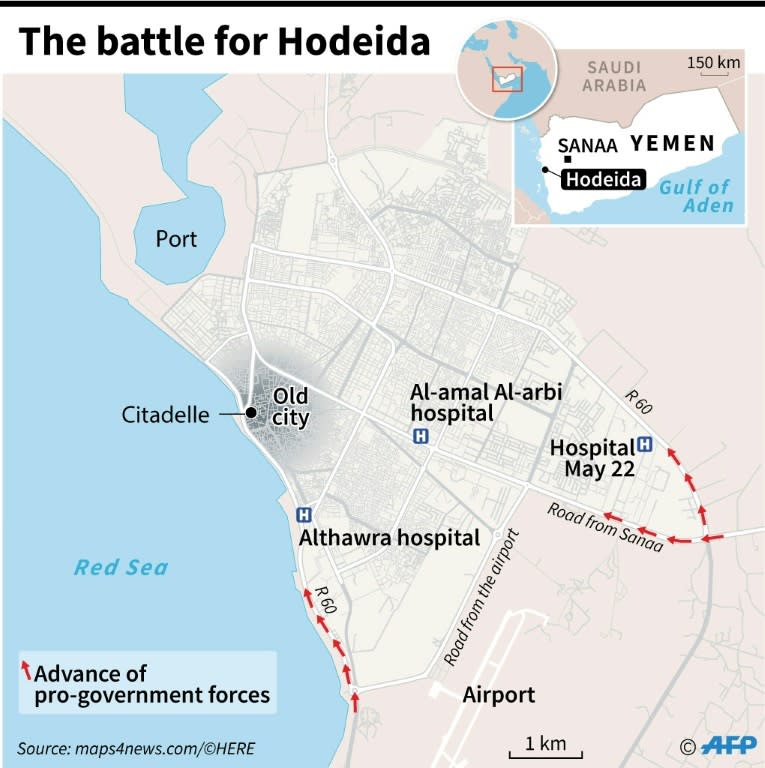 Map locating Hodeida in Yemen, where pro-government forces are attempting to retake the city from the rebels