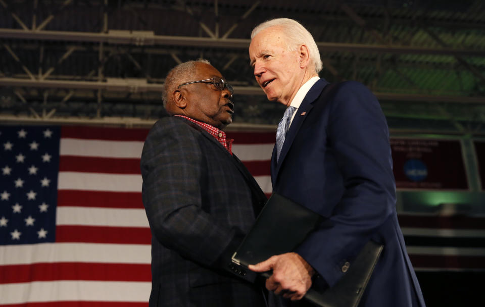Then-presidential candidate Joe Biden is greeted by Rep. James Clyburn in South Carolina in 2020.