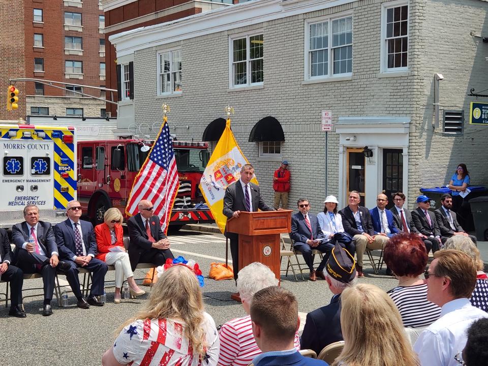 Brian Bergen, a Republican 25h District assemblyman and Iraq War veteran, urges the public to remember the sacrifices of fallen service members during the annual Morris County Memorial Day observance at the county courthouse Wednesday, May 24, 2023.