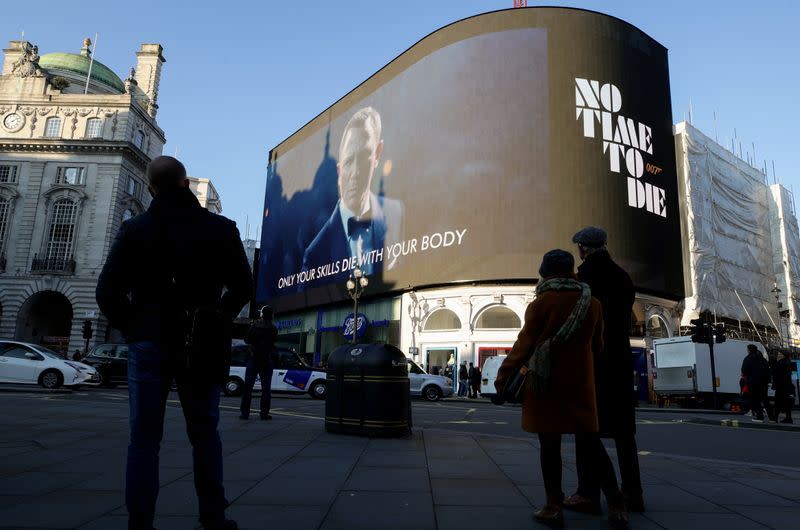Trailer for a James Bond film "No Time to Die" is displayed in London