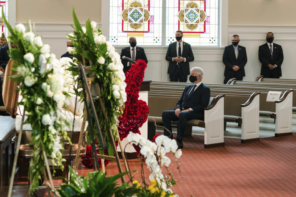 Former President Bill Clinton arrives for the funeral services for Henry "Hank" Aaron, longtime Atlanta Braves player and Hall of Famer, on Wednesday, Jan. 27, 2021 at Friendship Baptist Church in Atlanta. (Kevin D. Liles/Atlanta Braves via AP, Pool)