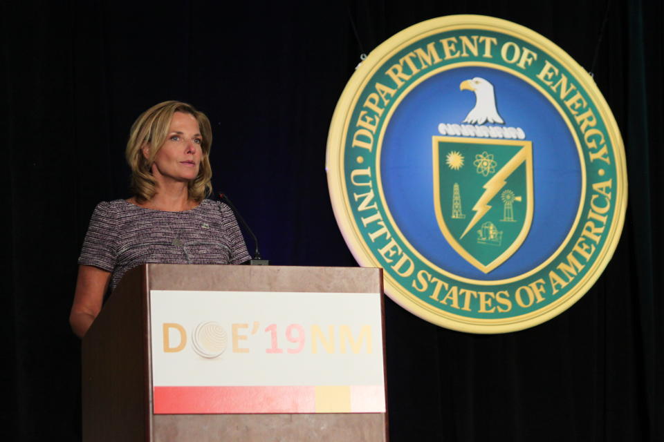 National Nuclear Security Administration administrator Lisa Gordon-Hagerty talks about her agency's work to reduce global nuclear threats during a business conference in Albuquerque, New Mexico, on Tuesday, Aug. 6, 2019. Gordon-Hagerty says the country is facing the most complex and demanding global security environment since the Cold War. (AP Photo/Susan Montoya Bryan)