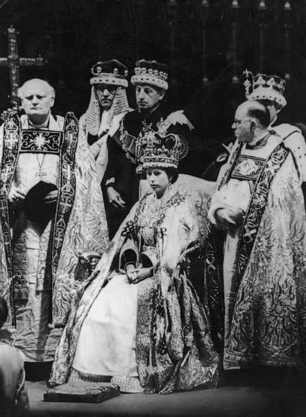 PHOTO: Queen Elizabeth II prepares to receive Homage after her coronation ceremony in Westminster Abbey in London, June 2, 1953. (Keystone/Getty Images)