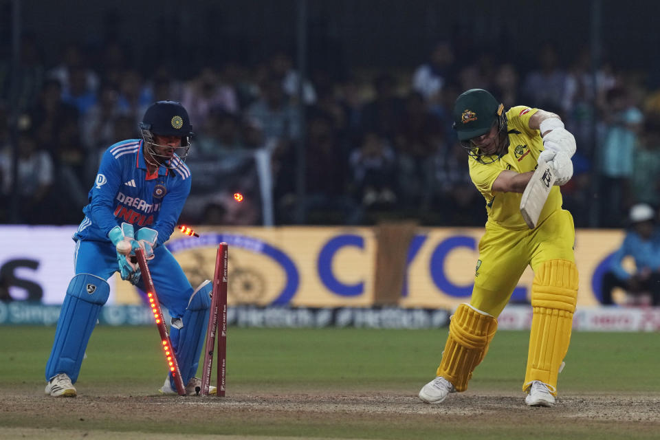 Australia's Adam Zampa gets bowled out by India's Ravindra Jadeja during the second one day international cricket match between India and Australia in Indore, India, Sunday, Sept. 24, 2023. (AP Photo/Ajit Solanki)