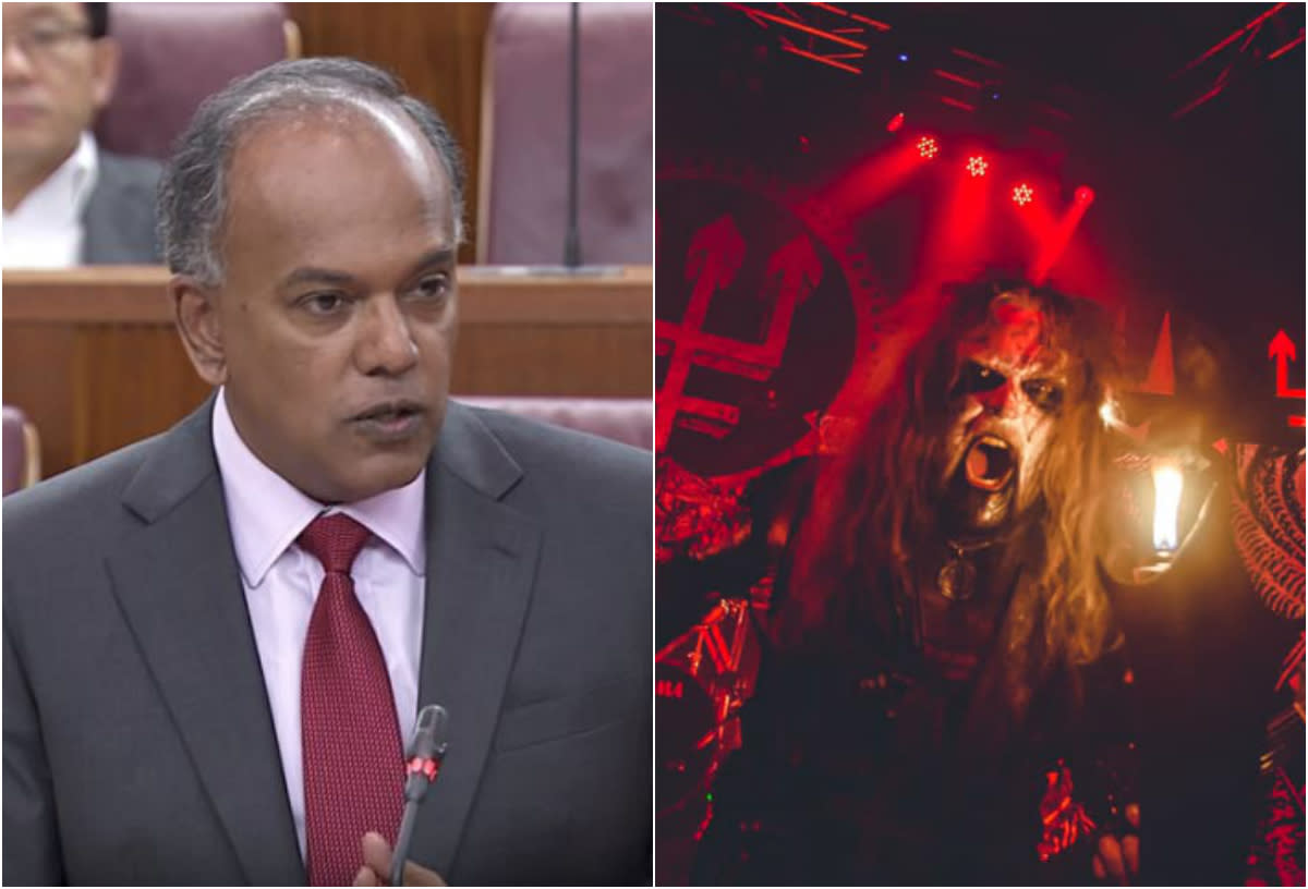 Home Affairs and Law Minister K Shanmugam (left) and Watain. (SCREENGRAB: gov.sg/YouTube; PHOTO: WATAIN/Facebook)