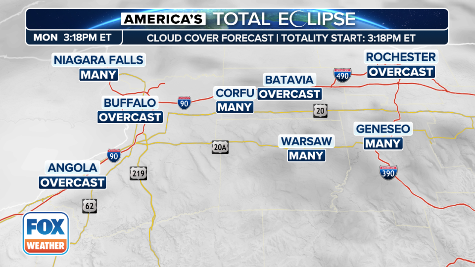 <div>Buffalo, New York, area cloud forecast during total solar eclipse on April 8, 2024 <strong>(FOX Weather)</strong></div>