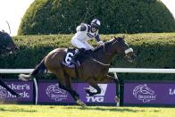 Tom Eaves (6) celebrates atop Glass Slippers after winning the Breeder's Cup Turf Sprint horse race at Keeneland Race Course, in Lexington, Ky., Saturday, Nov. 7,2020. (AP Photo/Michael Conroy)