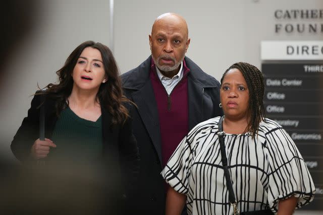 <p>Raymond Liu/ABC/Getty</p> Caterina Scorsone, James Pickens Jr., and Chandra Wilson in 'Grey's Anatomy'