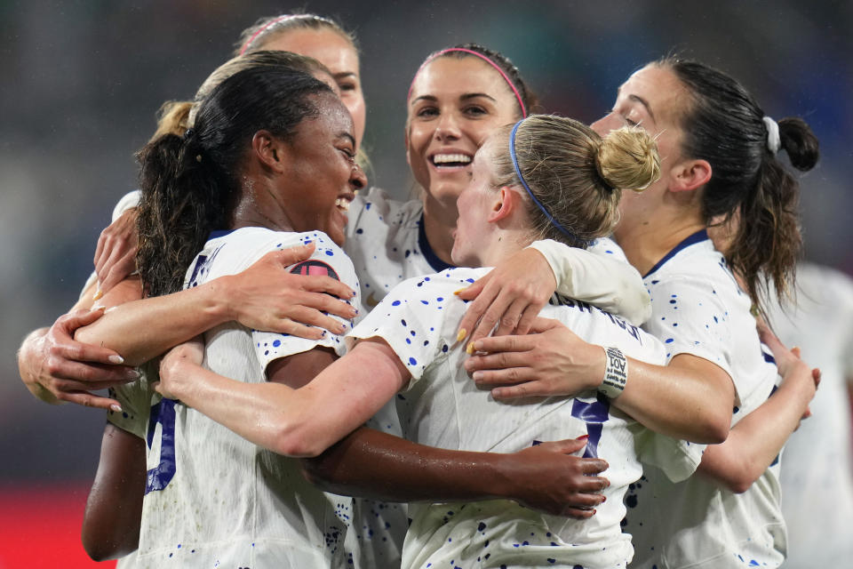 SAN DIEGO, CALIFORNIA - MARCH 06: Jaedyn Shaw #8 of the United States celebrates scoring with Alex Morgan #7, Sam Coffey #17, and Jenna Nighswonger #3 during the first half against Canada during the 2024 Concacaf W Gold Cup semifinals at Snapdragon Stadium on March 06, 2024 in San Diego, California. (Photo by Brad Smith/ISI Photos/USSF/Getty Images for USSF)