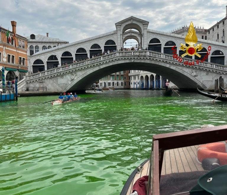 Water in the Grand Canal in Venice was green on May 28, 2023. The Italian police started to investigate the origin of the liquid. / Credit: Italian Firefighters (Vigili del Fuoco) / Handout/Anadolu Agency via Getty Images