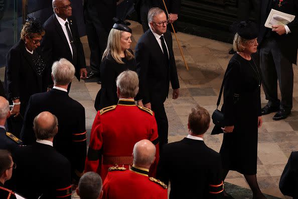 LONDON, ENGLAND - SEPTEMBER 19: Australia's Prime Minister Anthony Albanese and his partner Jodie Haydon arrive for the State Funeral of Queen Elizabeth II at Westminster Abbey on September 19, 2022 in London, England. Elizabeth Alexandra Mary Windsor was born in Bruton Street, Mayfair, London on 21 April 1926. She married Prince Philip in 1947 and ascended the throne of the United Kingdom and Commonwealth on 6 February 1952 after the death of her Father, King George VI. Queen Elizabeth II died at Balmoral Castle in Scotland on September 8, 2022, and is succeeded by her eldest son, King Charles III. (Photo by Phil Noble - WPA Pool/Getty Images)