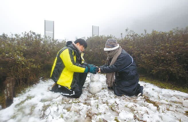 入冬最強寒流來襲，許多民眾23日前往北市陽明山賞雪，並開心地堆起雪人。（范揚光攝）