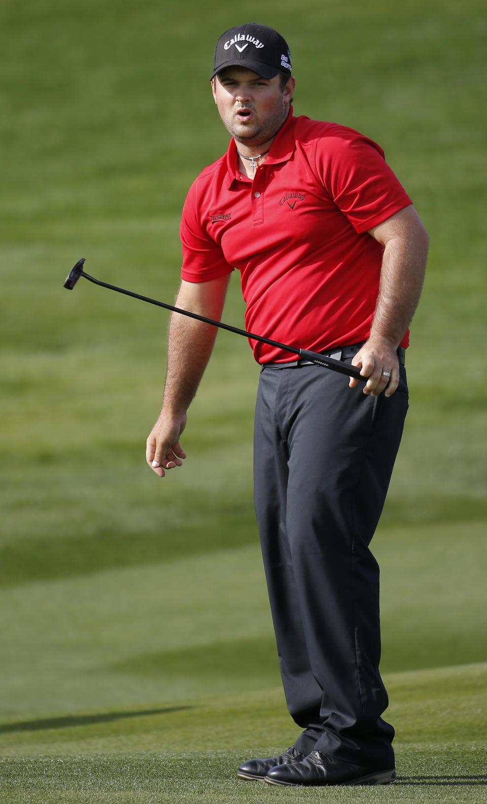 Patrick Reed reacts after missing his par putt on the seventh hole hole during the final round of the Humana Challenge golf tournament on the Palmer Private course at PGA West, Sunday, Jan. 19, 2014, in La Quinta, Calif. (AP Photo/Matt York)
