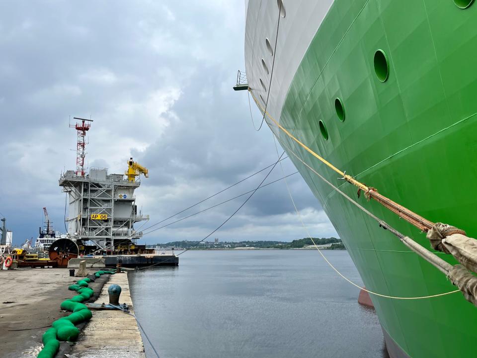 The offshore substation that will be installed at the South Fork Wind Farm is being stored in the Port of Providence.