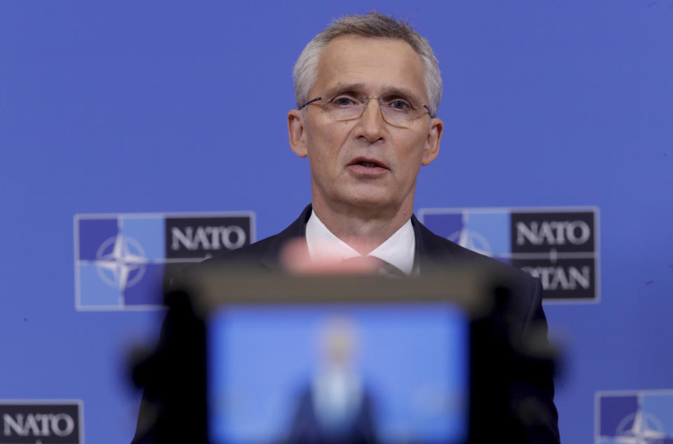 NATO Secretary General Jens Stoltenberg speaks during a press briefing ahead to an online NATO Foreign and Defense Ministers' meeting at the NATO headquarters in Brussels, Monday, May 31, 2021. (Olivier Hoslet/Pool Photo via AP)