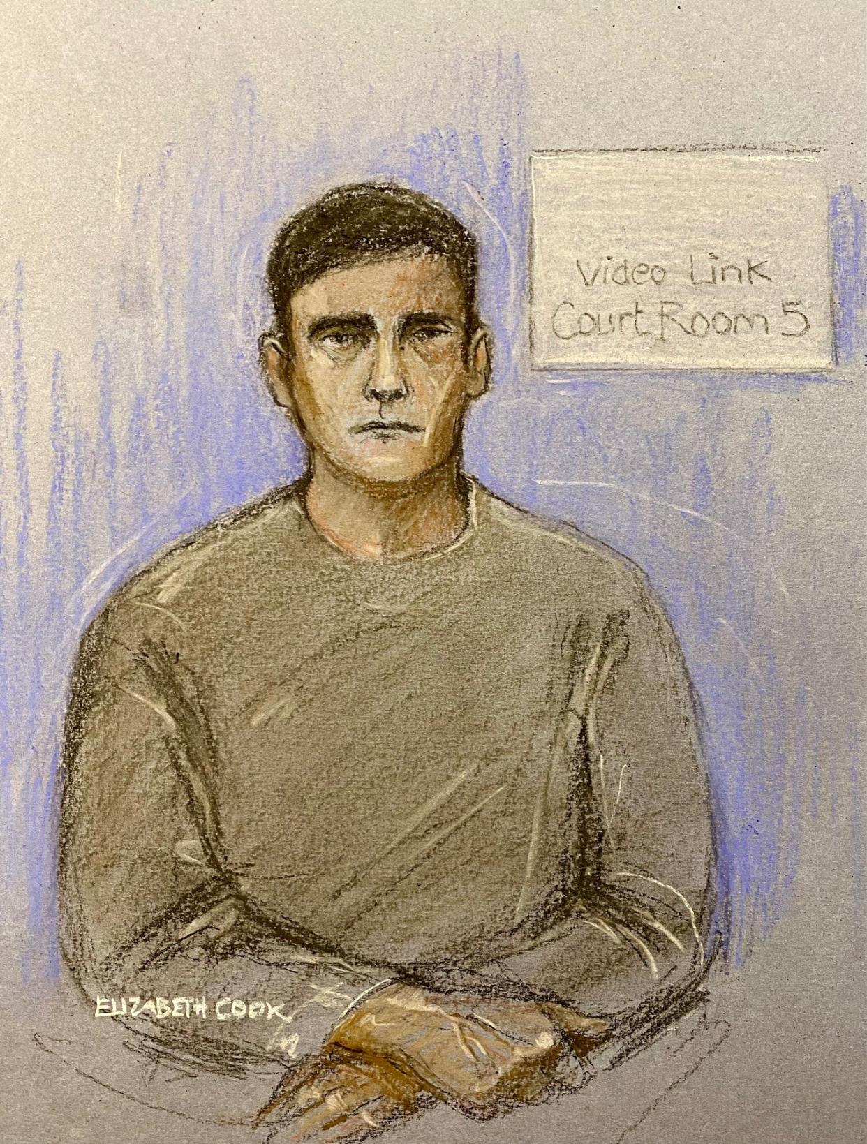 A court artist sketch of Steve Samson appearing via video link at the Old Bailey on Thursday. (PA)