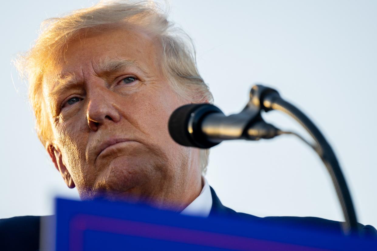 Former U.S. President Donald Trump speaks during a rally at the Waco Regional Airport on March 25, 2023 in Waco, Texas.