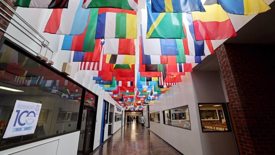 A hall of flags at East High represents each of the different countries that have associations with the school either through alumni connections or foreign exchange students.