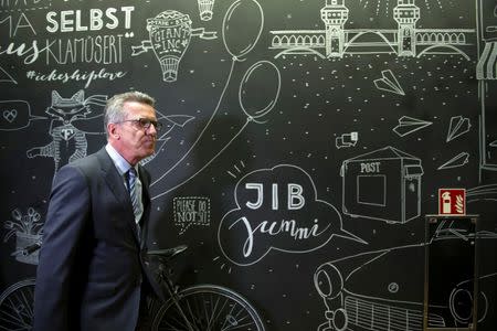 German Interior Minister Thomas de Maiziere arrives for a vistit at the Facebook office in Berlin, Germany August 29, 2016. REUTERS/Stefanie Loos