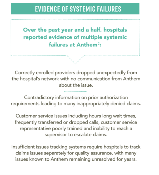 The New Hampshire Hospital Association alleges the state’s hospitals are victims of Anthem’s “broken” process for handling medical claims.