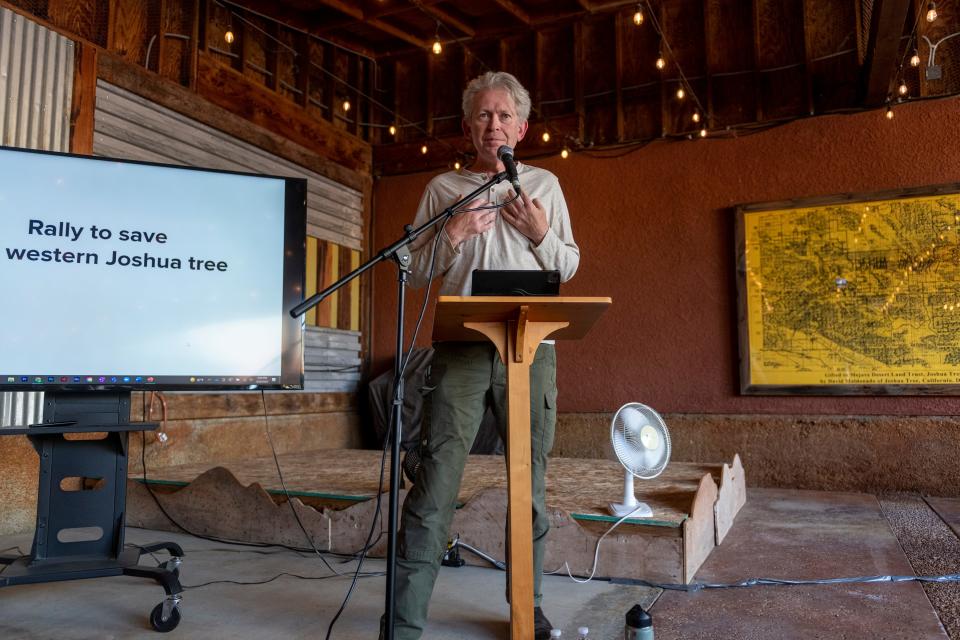 Brendan Cummings speaks during the Mojave Desert Land Trust's Save the Western Joshua Tree event at the trust in  Joshua Tree on Thursday, May 26, 2022. Cummings, the conservation director at the Center for Biological Diversity, wants the California Fish and Game Commission to list the plant species as threatened.