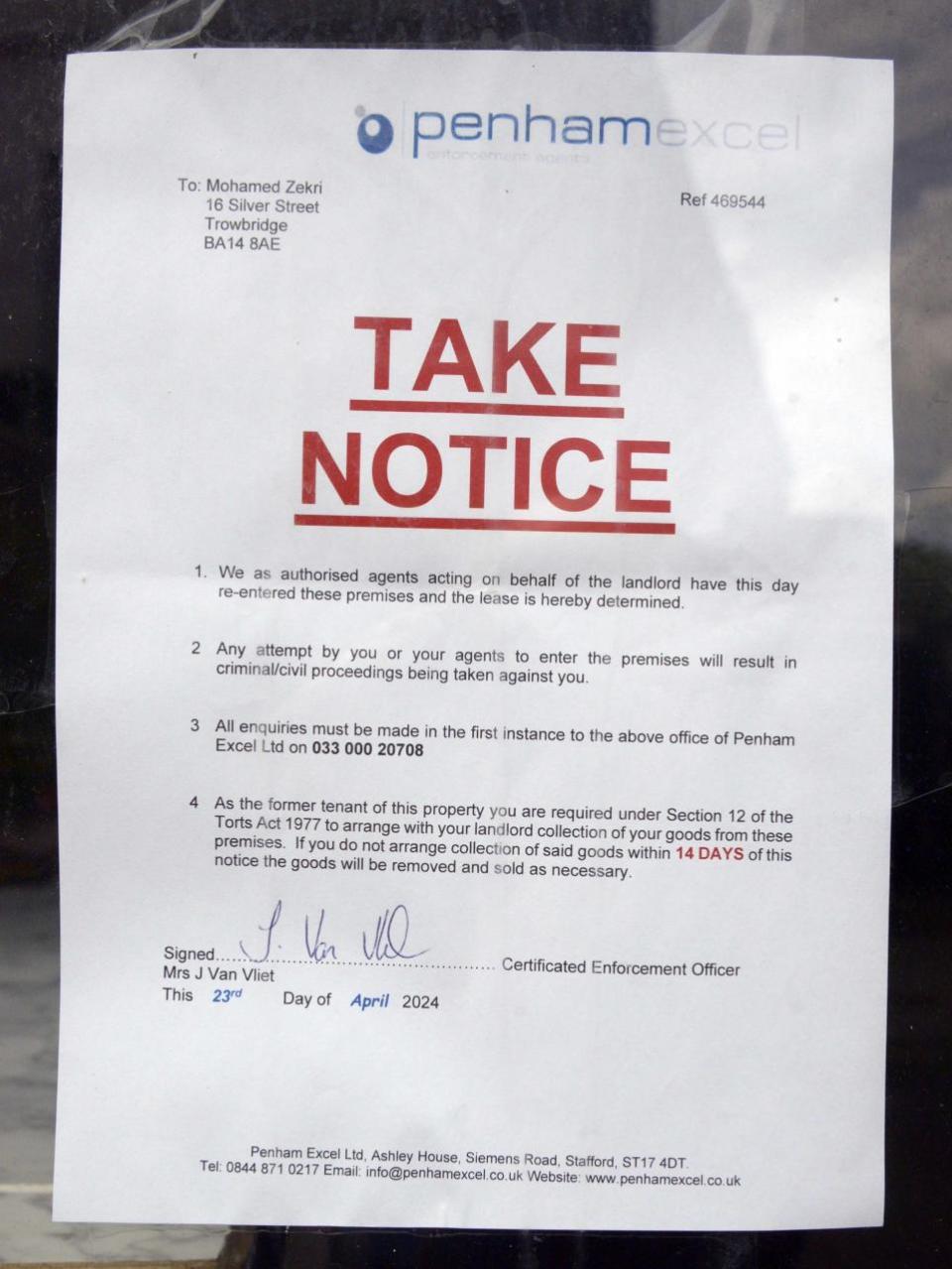 Wiltshire Times: The notice on the former Papa’z Pizza shop in Silver Street banning the tenant from entering the premises without authority. Image Trevor Porter77016-1