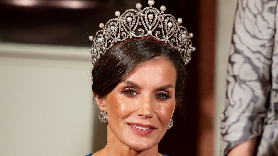 Queen Letizia of Spain  at the state banquet for the Spanish Royal couple  at the Royal Palace on April 17, 2024 in Amsterdam, Netherlands. The Spanish King and Queen are in The Netherlands for a two day state visit.(Photo by Patrick van Katwijk/Getty Images)