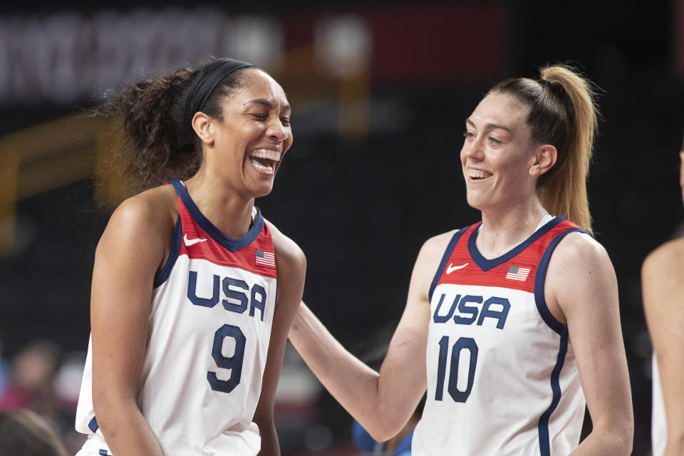 A'ja Wilson and Breanna Stewart, who played on Team USA together at the 2020 Tokyo Olympics, will be the captains of the 2022 WNBA All-Star Game. (Tim Clayton/Corbis via Getty Images)
