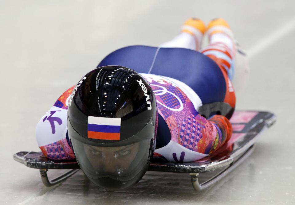 Elena Nikitina of Russia starts her first run during the women's skeleton competition at the 2014 Winter Olympics, Thursday, Feb. 13, 2014, in Krasnaya Polyana, Russia. (AP Photo/Dita Alangkara)