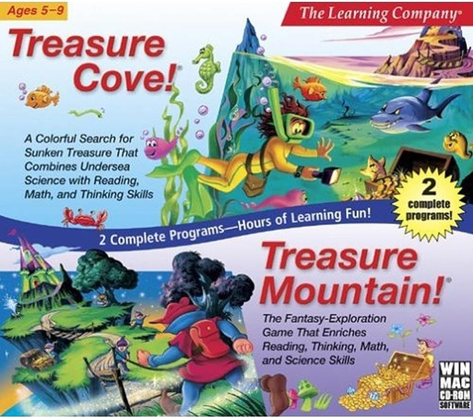 Cover artwork for "Treasure Cove" and "Treasure Mountain" educational games featuring underwater and mountain scenes