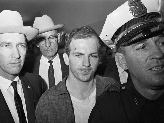 <p>Bettmann</p> Lee Harvey Oswald is shown after his arrest here on November 22.