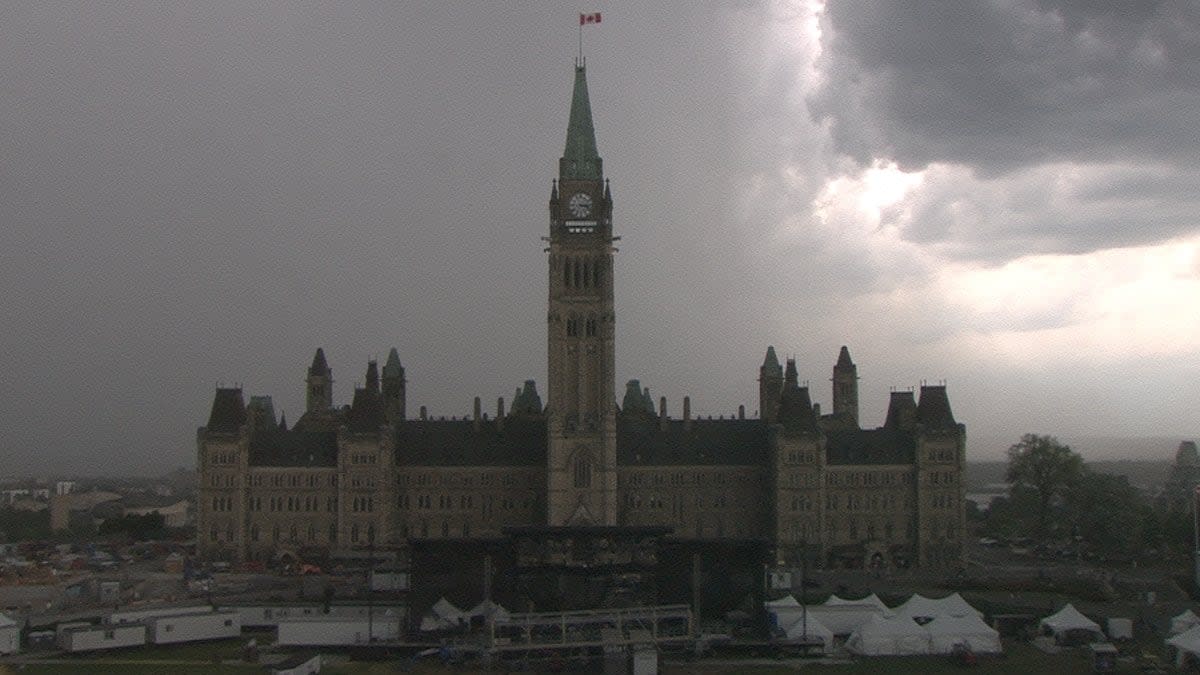 A thunderstorm in downtown Ottawa in 2018. Thunderstorm and tornado watches were issued for most of the region late Monday morning. (Ian Black/CBC - image credit)