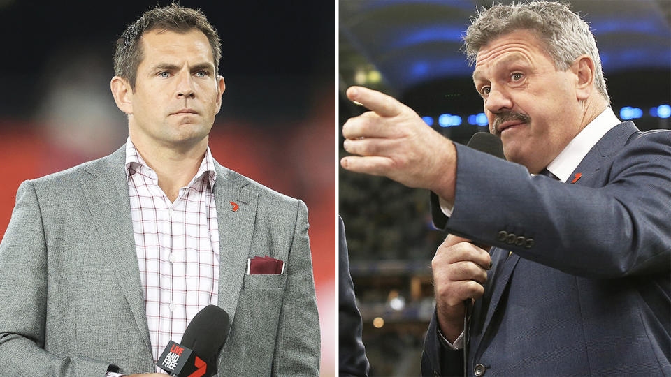 Luke Hodge (pictured left) during commentary and Channel 7 commentator Brian Taylor (pictured right) pointing.