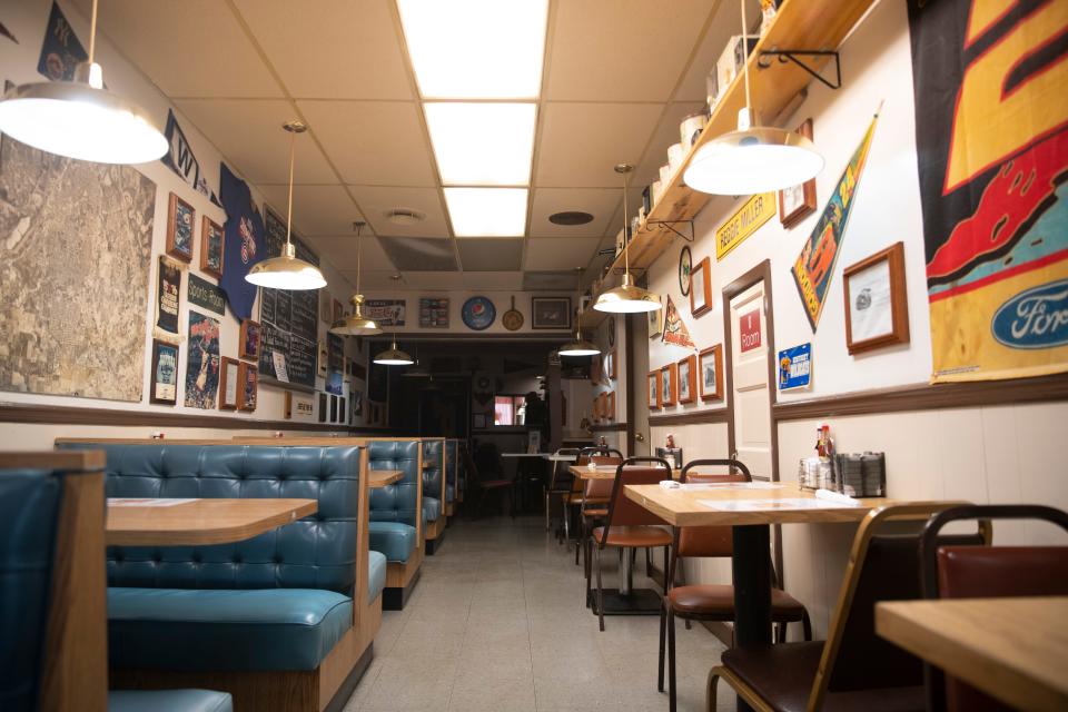 Sports memorabilia lines the walls at the Sunrise Diner, Wednesday, July 27, 2022,  in Lafayette, Ind. 