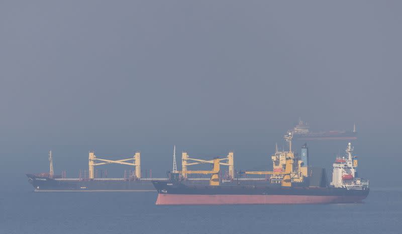 FILE PHOTO: Cargo ship Super Bayern, carrying Ukrainian grain, is seen behind cargo ship Rider in the Black Sea off Kilyos near Istanbul