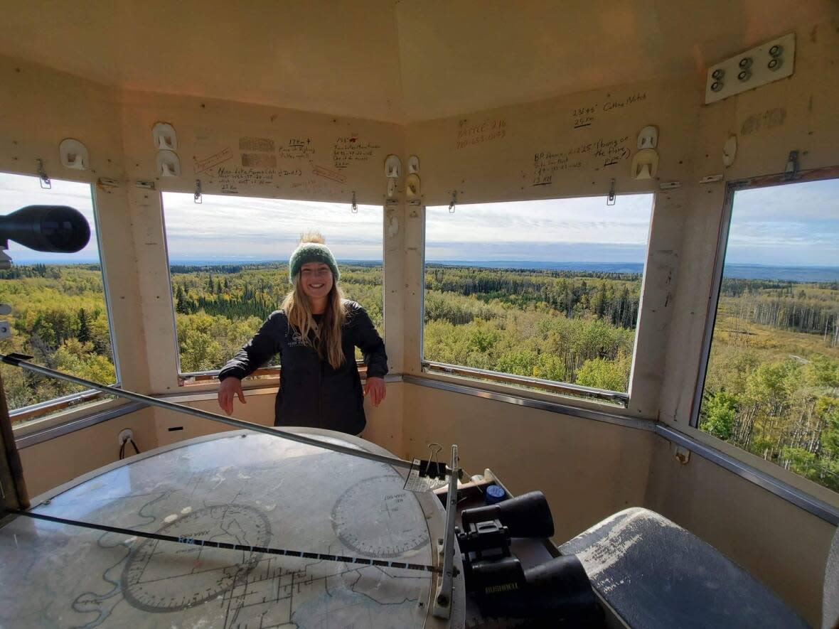 Trina Moyles in her lookout tower. (Submitted by Trina Moyles - image credit)
