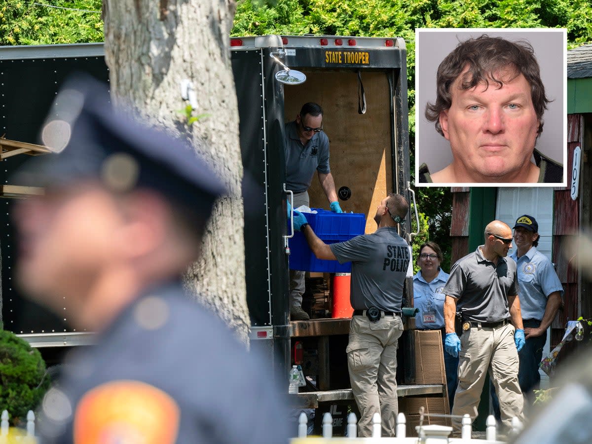 Rex Heuermann (inset) and police on the scene of his home   (AP)