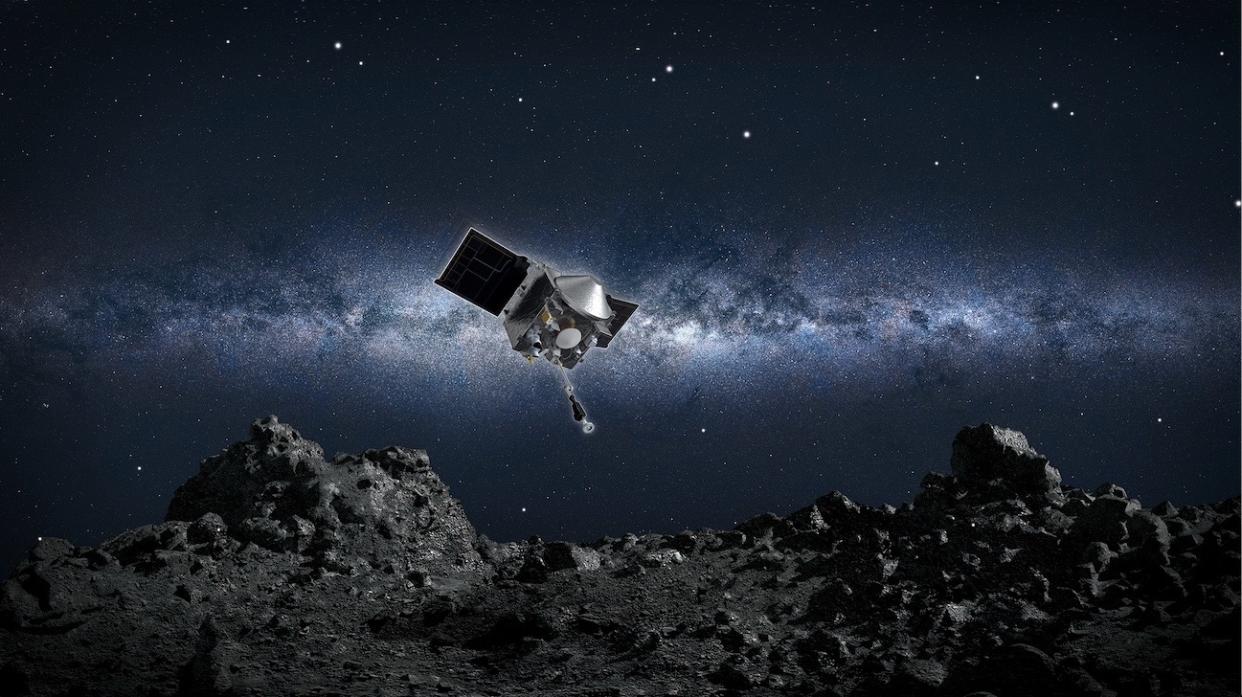  This artist’s concept shows NASA’s OSIRIS-REx spacecraft descending toward asteroid Bennu to collect a sample of the asteroid’s surface.  