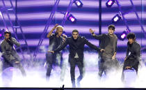 FILE - This April 26, 2018, file photo shows CNCO performing "Mamita" at the Billboard Latin Music Awards in Las Vegas on. The Latin American boy band CNCO is downsizing. The group announced on its official Instagram page Sunday, May 9, 2021, that 22-year-old Joel Pimentel is leaving the band, making the successful quintet a quartet.(Photo by Eric Jamison/Invision/AP, File)