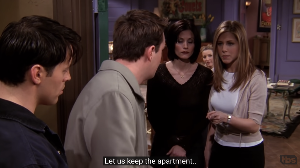 Monica and Rachel standing in the doorway saying let us keep the apartment