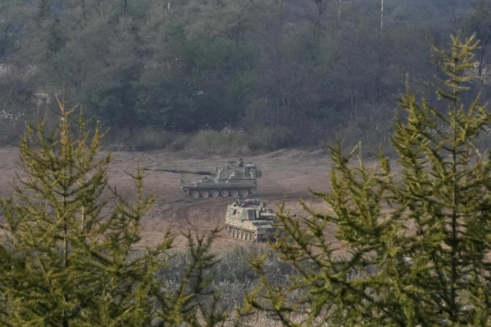 South Korean army K-9 self-propelled howitzers move in Paju, near the border with North Korea, South Korea, Tuesday, Oct. 19, 2021. North Korea on Tuesday fired at least one ballistic missile into the sea in what South Korea’s military described as a weapon likely designed for submarine-based launches, marking possibly the most significant demonstration of the North’s military might since President Joe Biden took office.(AP Photo/Ahn Young-joon)