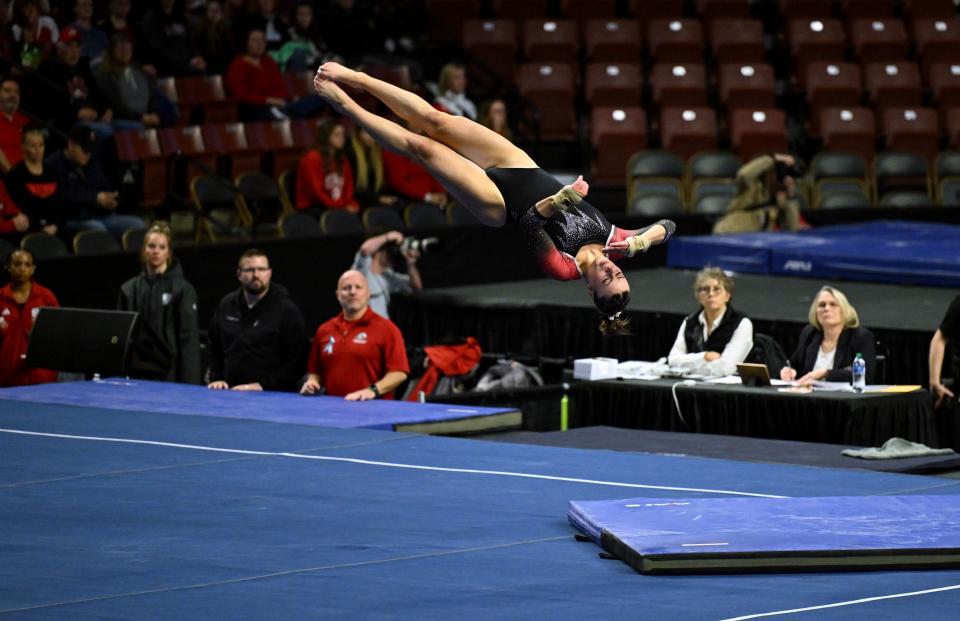 Southern Utah’s Alyssa Fernandez, performs on the floor as BYU, Utah, SUU and Utah State meet in the Rio Tinto Best of Utah Gymnastics competition at the Maverick Center in West Valley City on Monday, Jan. 15, 2024. | Scott G Winterton, Deseret News