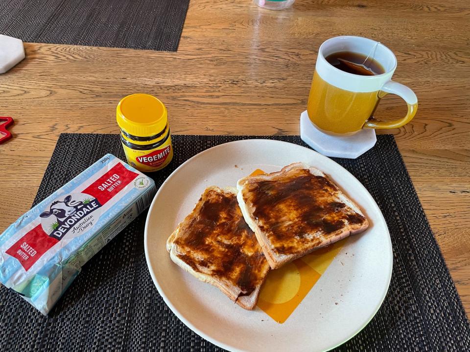 Vegemite, butter, and toast is a common breakfast in Australia.